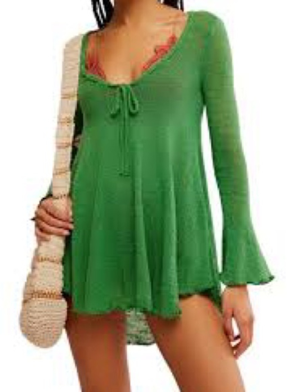 Green Long Sleeve Tie-Front Cover Up